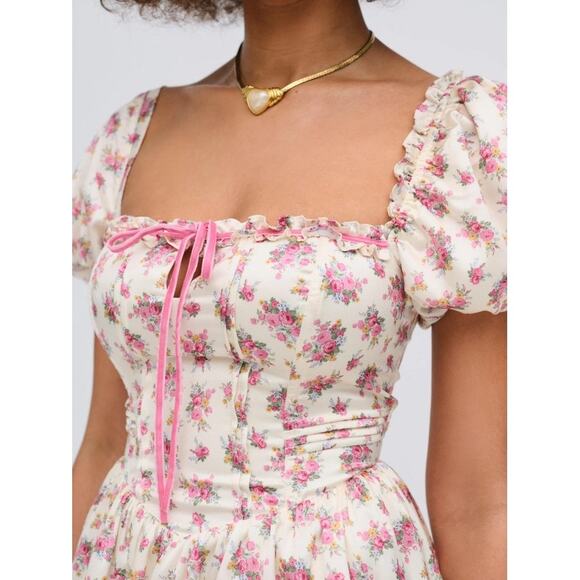 For Love & Lemons Etienne Pink Floral Coquette Puff Sleeve Mini Dress NWT Small - Picture 3 of 15